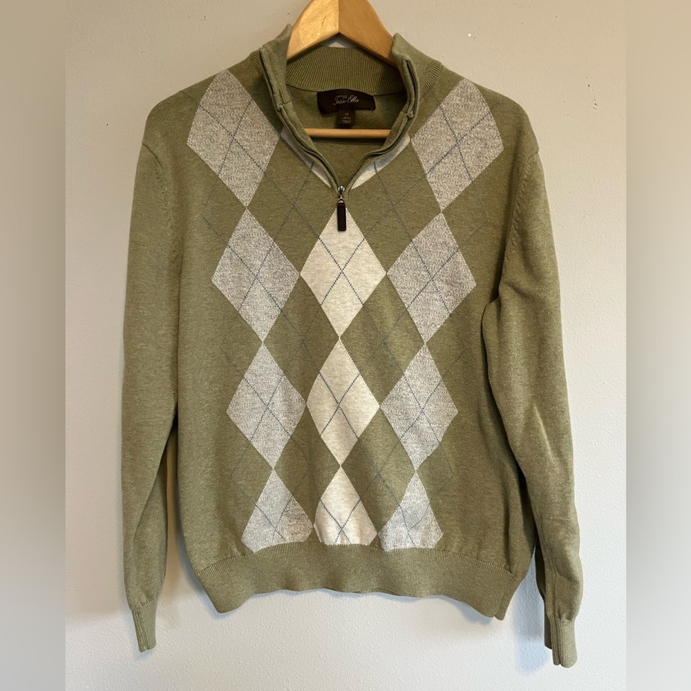 Tasso Elba Men's Green Argyle Quiet Luxury Quarter Zip Cotton Sweater Size M
